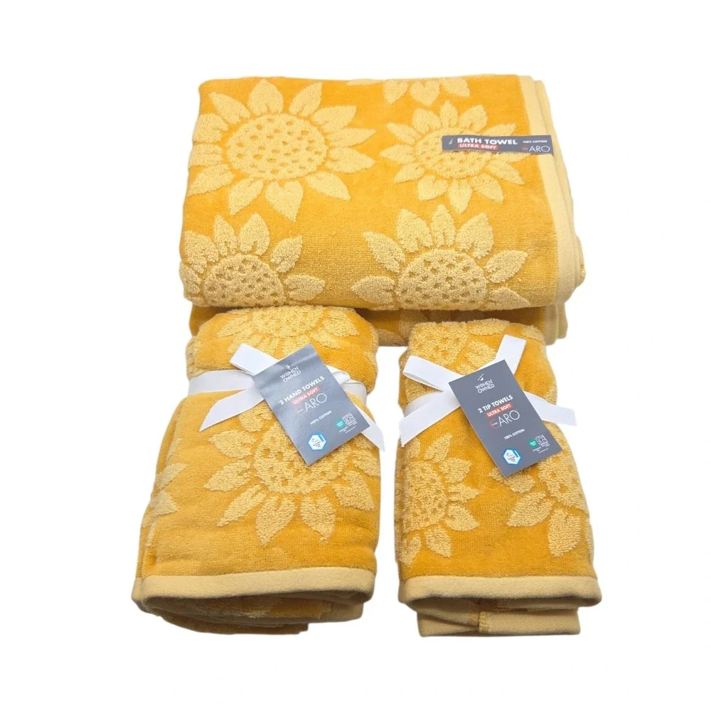 Caro Home Mustard Yellow Sunflower Cotton Towel Set 6pc Fall Harvest Collection